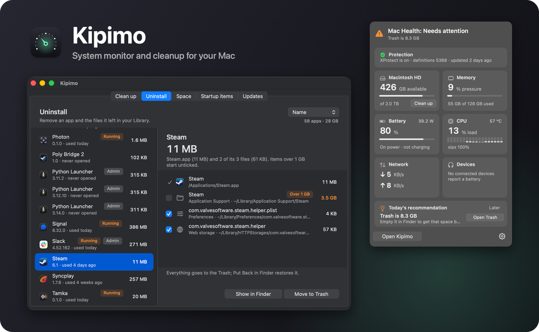 Kipimo’s menu bar panel next to its Uninstall window
