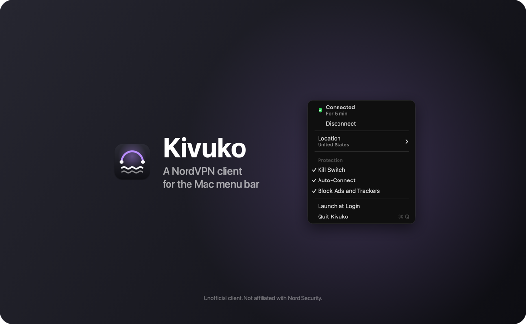 Kivuko’s menu while connected, with Location, Kill Switch, Auto-Connect and Block Ads and Trackers