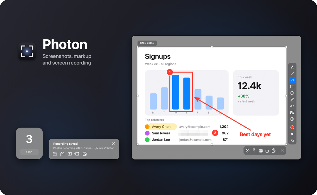 Photon’s capture overlay with a marked-up dashboard, the recording countdown and the Recording saved panel
