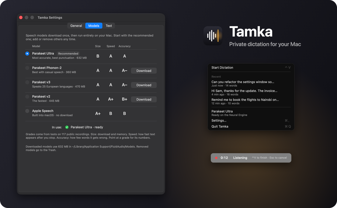 Tamka’s Models settings, its menu with recent dictations, and the listening indicator